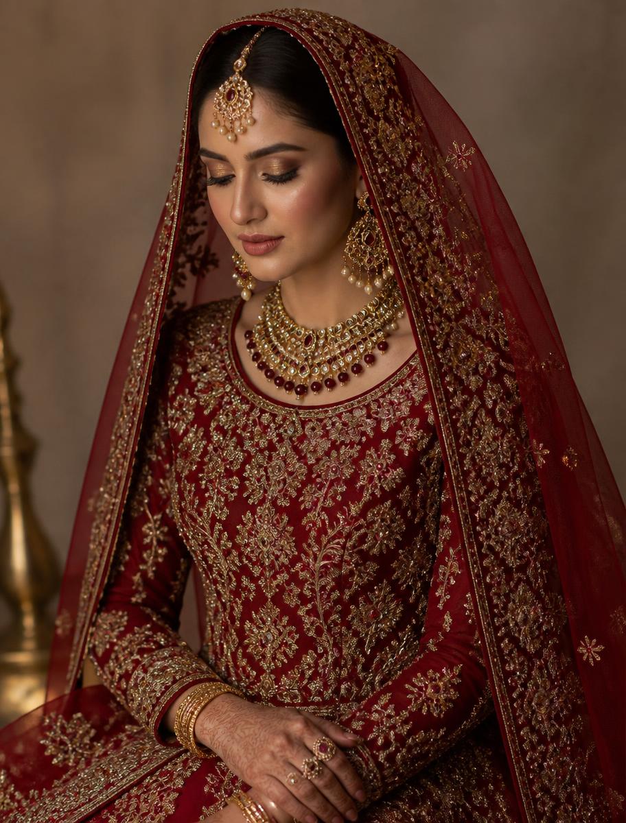 Bride in a crimson and gold embroidered dress